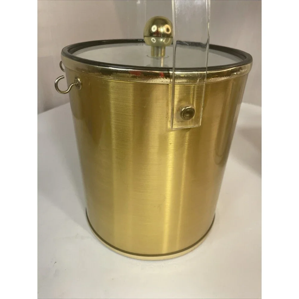 2 Vintage Gold Silver Ice Buckets Plastic, Clear Lid, Tongs Made In Taiwan